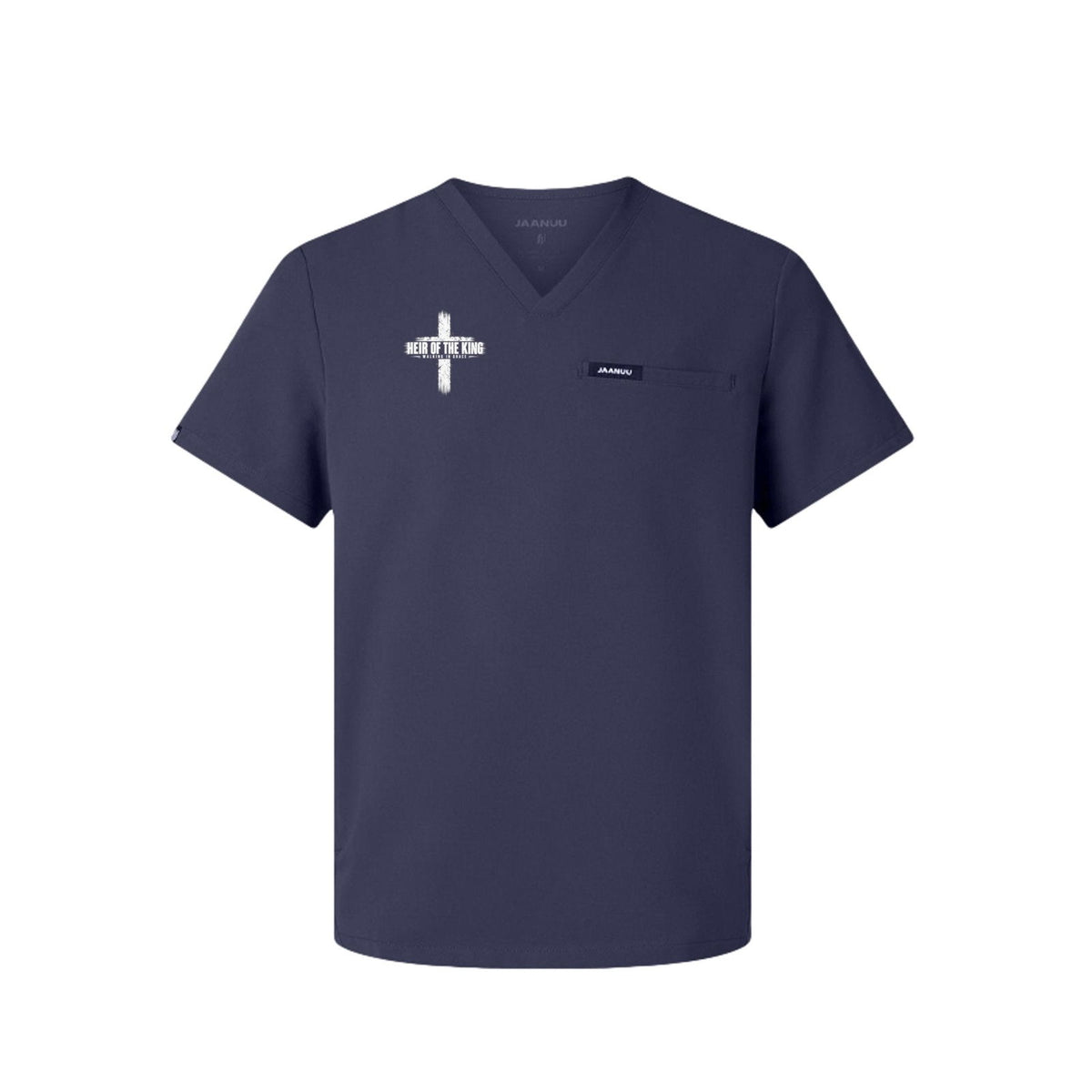Men's Christian 3-pocket V-neck medical scrub top with 'Heir Of The King' design