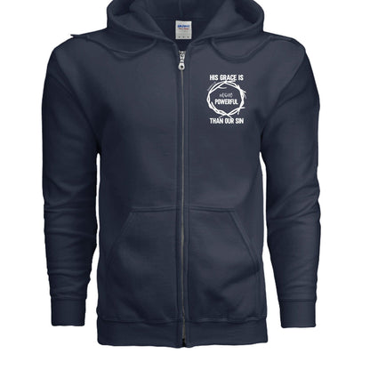 His Grace Is More Powerful Unisex Christian Full-Zip Hooded Sweatshirt - ClaimedbyGodDesigns