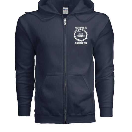 His Grace Is More Powerful Unisex Christian Full-Zip Hooded Sweatshirt - ClaimedbyGodDesigns