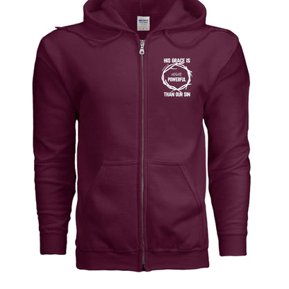 His Grace Is More Powerful Unisex Christian Full-Zip Hooded Sweatshirt - ClaimedbyGodDesigns