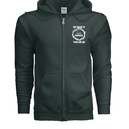 His Grace Is More Powerful Unisex Christian Full-Zip Hooded Sweatshirt - ClaimedbyGodDesigns