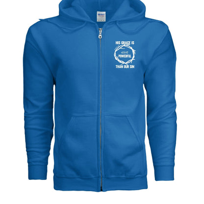 His Grace Is More Powerful Unisex Christian Full-Zip Hooded Sweatshirt - ClaimedbyGodDesigns