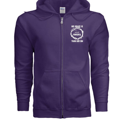 His Grace Is More Powerful Unisex Christian Full-Zip Hooded Sweatshirt - ClaimedbyGodDesigns