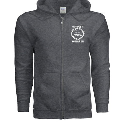 His Grace Is More Powerful Unisex Christian Full-Zip Hooded Sweatshirt - ClaimedbyGodDesigns
