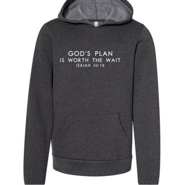 His Plan Is Worth The Wait Youth Christian Fleece Pullover Hooded Sweatshirt - ClaimedbyGodDesigns
