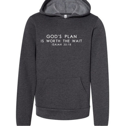 His Plan Is Worth The Wait Youth Christian Fleece Pullover Hooded Sweatshirt - ClaimedbyGodDesigns