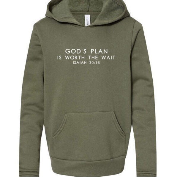 His Plan Is Worth The Wait Youth Christian Fleece Pullover Hooded Sweatshirt - ClaimedbyGodDesigns