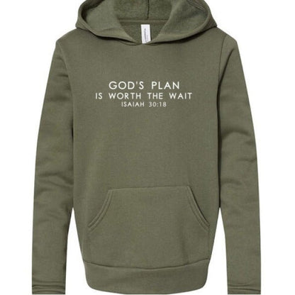 His Plan Is Worth The Wait Youth Christian Fleece Pullover Hooded Sweatshirt - ClaimedbyGodDesigns