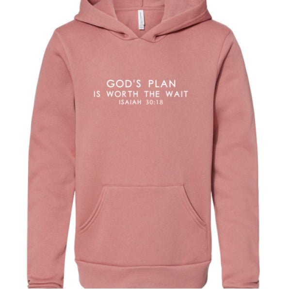 His Plan Is Worth The Wait Youth Christian Fleece Pullover Hooded Sweatshirt - ClaimedbyGodDesigns