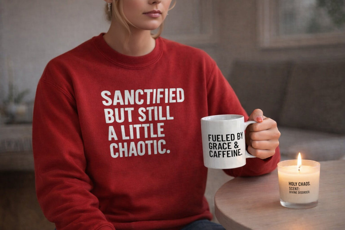 Holy Chaos Starter Pack – Christian Starter Gift Set | Sweatshirt, Mug, Candle, Tea & Matches | Faith, Humor & Encouragement Gift Box - ClaimedbyGodDesigns