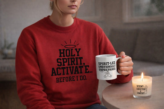Holy Spirit, Please – Christian Starter Gift Set | Funny Faith-Based Sweatshirt, Mug & Candle for Emotional Survival - ClaimedbyGodDesigns