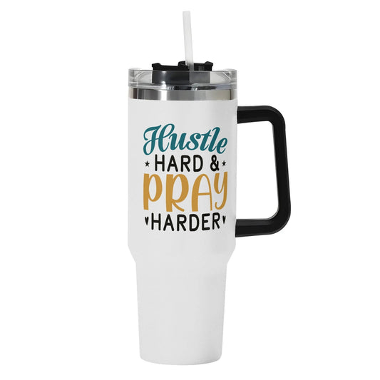 Hustle Hard Pray Harder 40oz Stainless Steel Christian Tumbler Gift With Black Handle and Straw - ClaimedbyGodDesigns