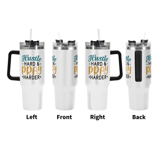 Hustle Hard Pray Harder 40oz Stainless Steel Christian Tumbler Gift With Black Handle and Straw - ClaimedbyGodDesigns