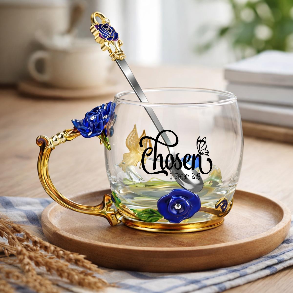 1 Peter 2:9 Chosen 12oz Enamel Floral Glass Christian Mug With Spoon