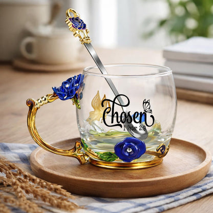 1 Peter 2:9 Chosen 12oz Enamel Floral Glass Christian Mug With Spoon
