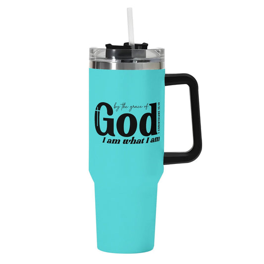 I Am What I Am 40oz Stainless Steel Christian Tumbler Gift With Black Handle and Straw - ClaimedbyGodDesigns