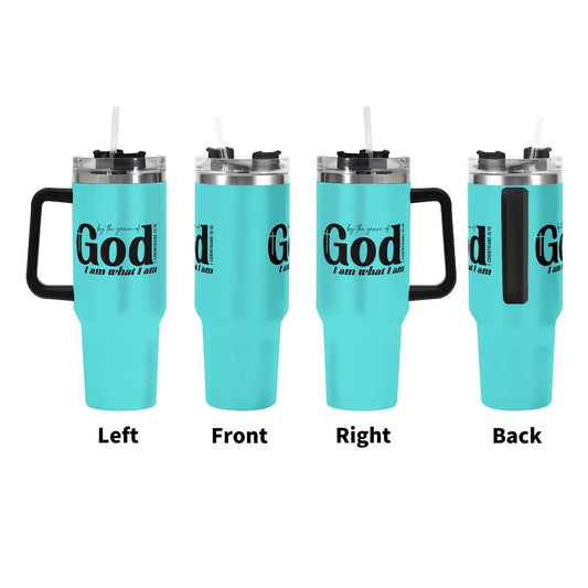 I Am What I Am 40oz Stainless Steel Christian Tumbler Gift With Black Handle and Straw - ClaimedbyGodDesigns