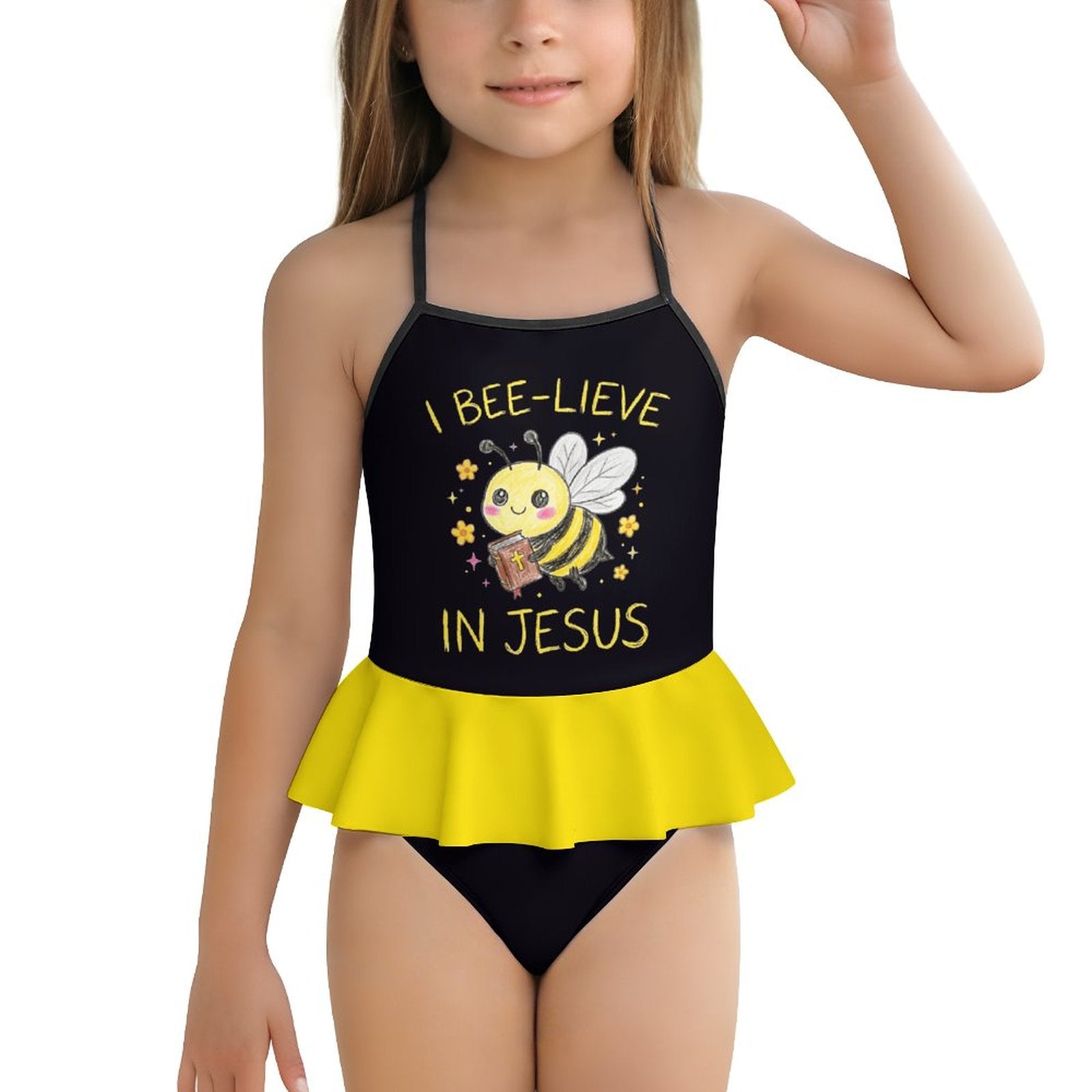 I Bee-lieve In Jesus Kids One Piece Ruffle Strap Christian Swimsuit - ClaimedbyGodDesigns