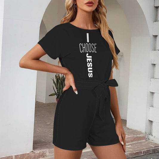 I Choose Jesus  Women's Belt Keyhole Back Short Sleeve Christian Romper - ClaimedbyGodDesigns
