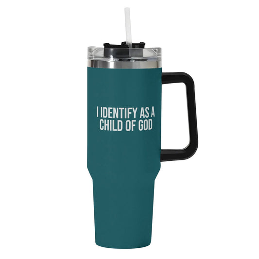 I Identify As A Child Of God 40oz Stainless Steel Christian Tumbler Gift With Black Handle and Straw - ClaimedbyGodDesigns