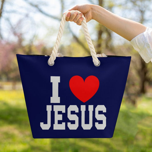 I Love Jesus Christian Large Jute Tote Bag - ClaimedbyGodDesigns