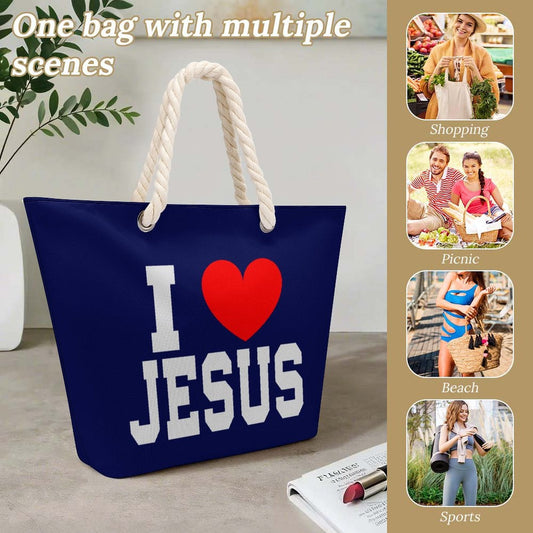 I Love Jesus Christian Large Jute Tote Bag - ClaimedbyGodDesigns