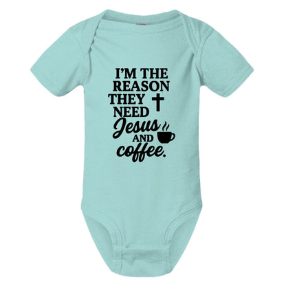 I'm The Reason They Need Him and Coffee Christian Baby Jumpsuit - ClaimedbyGodDesigns