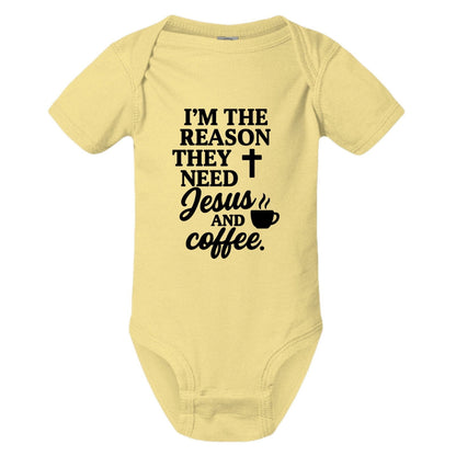 I'm The Reason They Need Him and Coffee Christian Baby Jumpsuit - ClaimedbyGodDesigns