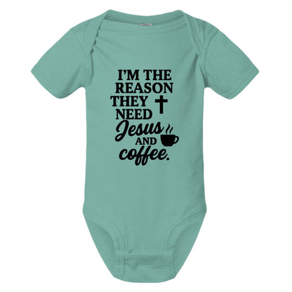 I'm The Reason They Need Him and Coffee Christian Baby Jumpsuit - ClaimedbyGodDesigns