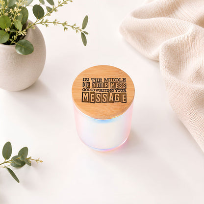 In The Middle Of Your Mess God Is Writing Your Message Luxury 14oz Christian Candle with Engraved Bamboo Lid - ClaimedbyGodDesigns