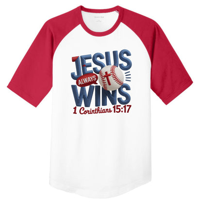 Jesus Always Wins Youth Christian  Colorblock Raglan Jersey - ClaimedbyGodDesigns