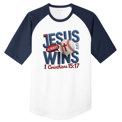Jesus Always Wins Youth Christian  Colorblock Raglan Jersey - ClaimedbyGodDesigns