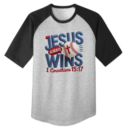 Jesus Always Wins Youth Christian  Colorblock Raglan Jersey - ClaimedbyGodDesigns