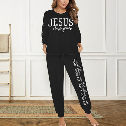 Jesus Chose You Christian Women's Leg Binding Pocket Long Pajama Set - ClaimedbyGodDesigns