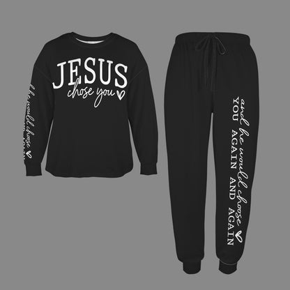 Jesus Chose You Christian Women's Leg Binding Pocket Long Pajama Set - ClaimedbyGodDesigns