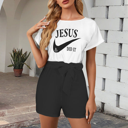 Jesus Did It (Like Nike) Christian Women's Belt Keyhole Back Short Sleeve Romper - ClaimedbyGodDesigns