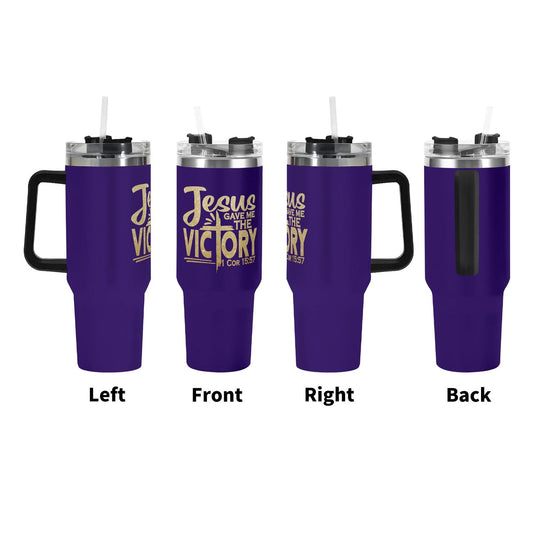 Jesus Gave Me The Victory 40oz Stainless Steel Christian Tumbler Gift With Black Handle and Straw - ClaimedbyGodDesigns