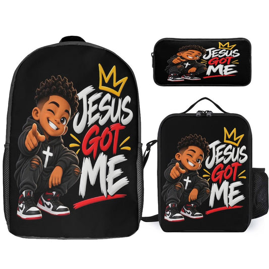 Kids' Christian 3-piece backpack set with lunch bag and pencil case, 'Jesus Got Me' design