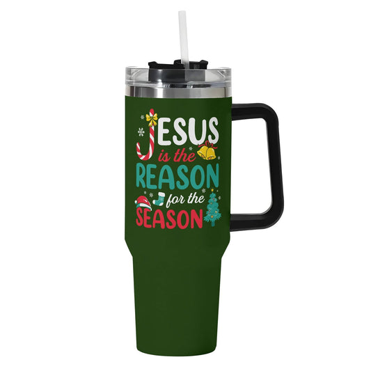Jesus Is The Reason For The Season (christmas themed) 40oz Stainless Steel Christian Tumbler Gift With Black Handle and Straw - ClaimedbyGodDesigns
