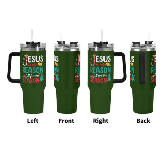 Jesus Is The Reason For The Season (christmas themed) 40oz Stainless Steel Christian Tumbler Gift With Black Handle and Straw - ClaimedbyGodDesigns