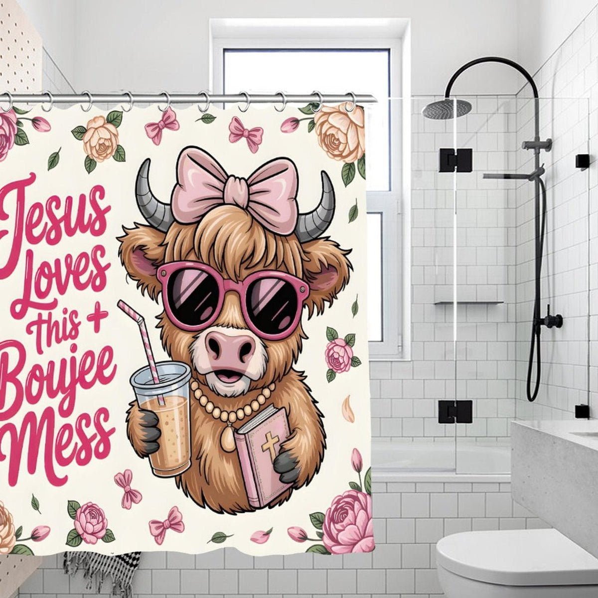 Jesus Loves This Boujee Mess Funny Christian Waterproof Shower Curtain - ClaimedbyGodDesigns