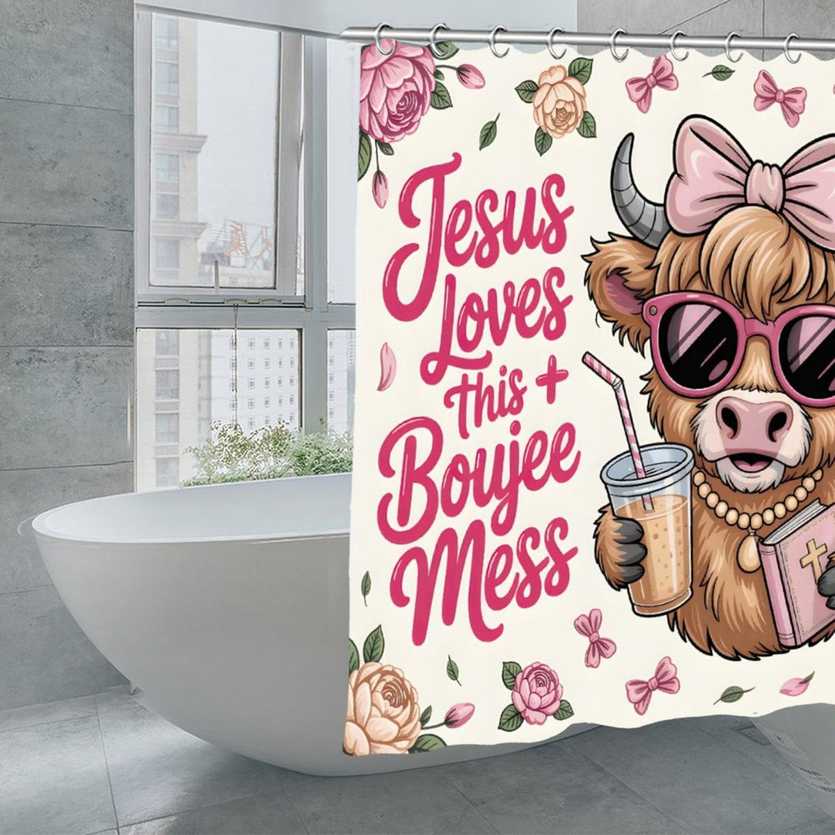 Jesus Loves This Boujee Mess Funny Christian Waterproof Shower Curtain - ClaimedbyGodDesigns