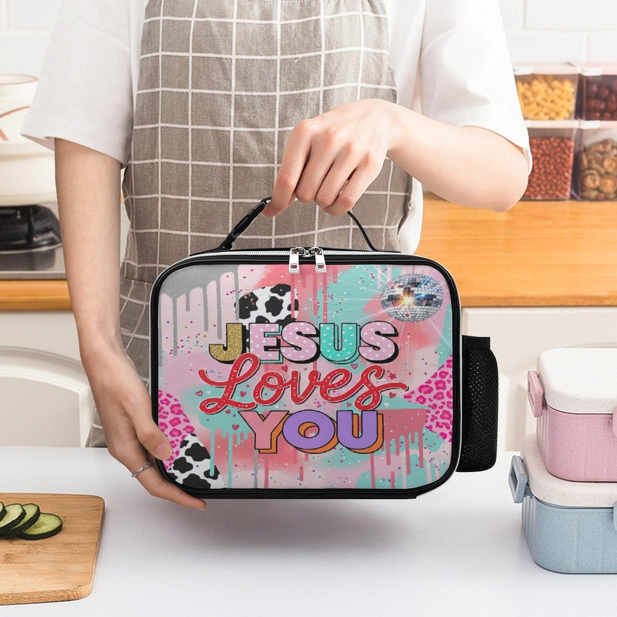 Jesus Loves You Christian PU Leak-proof Lunch Bag with Detachable Buckled Handle - ClaimedbyGodDesigns