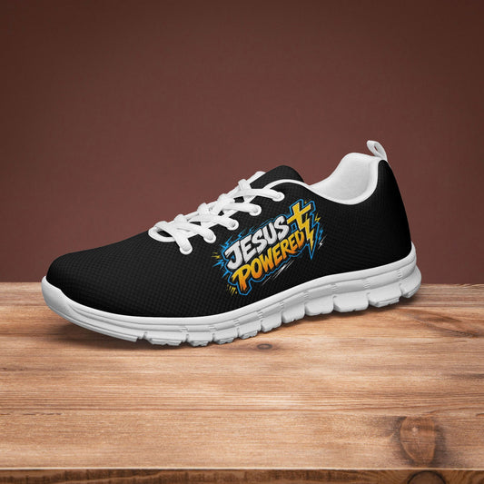 Jesus Powered Unisex Christian Classic Lightweight Mesh Sneakers - White/Black - ClaimedbyGodDesigns