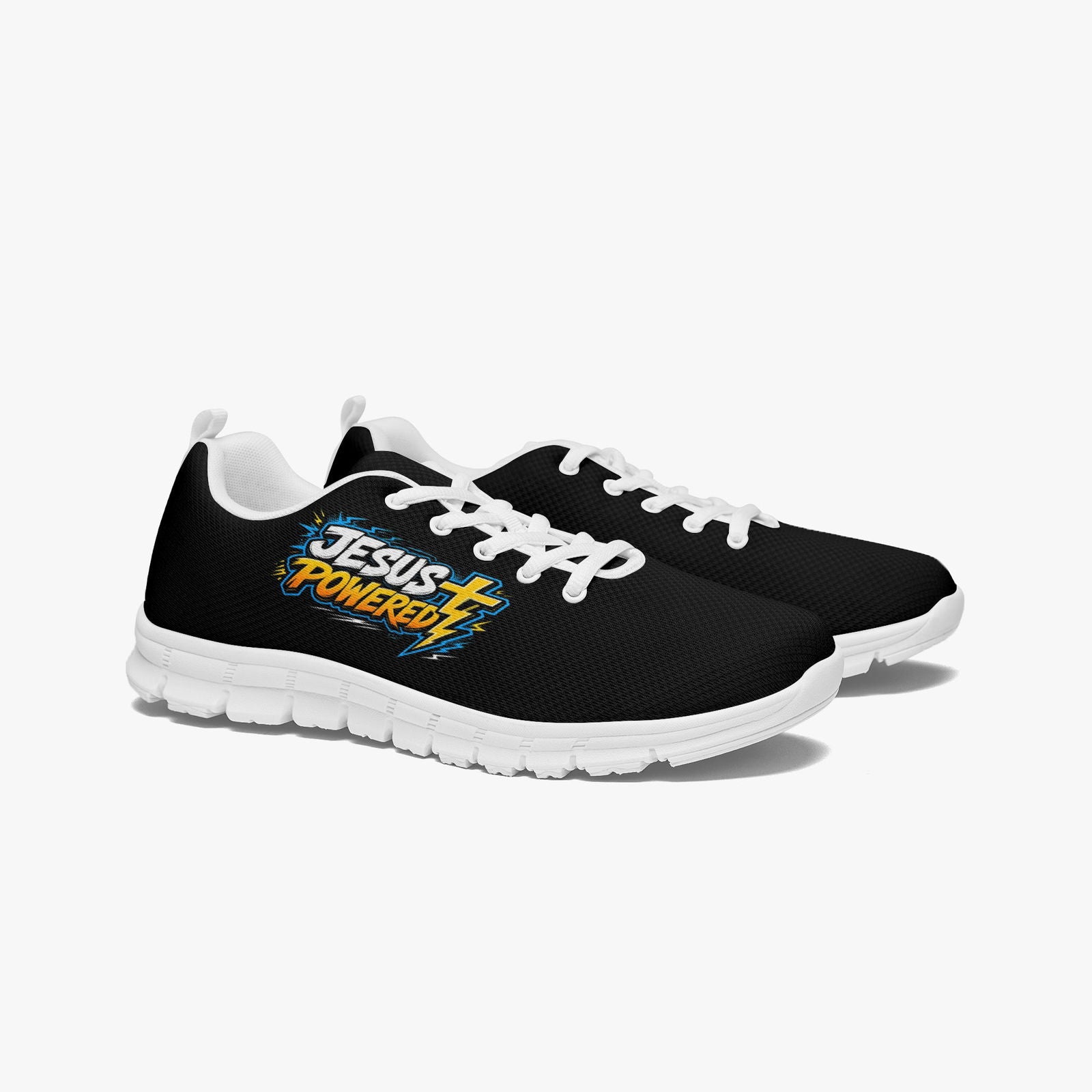 Jesus Powered Unisex Christian Classic Lightweight Mesh Sneakers - White/Black - ClaimedbyGodDesigns