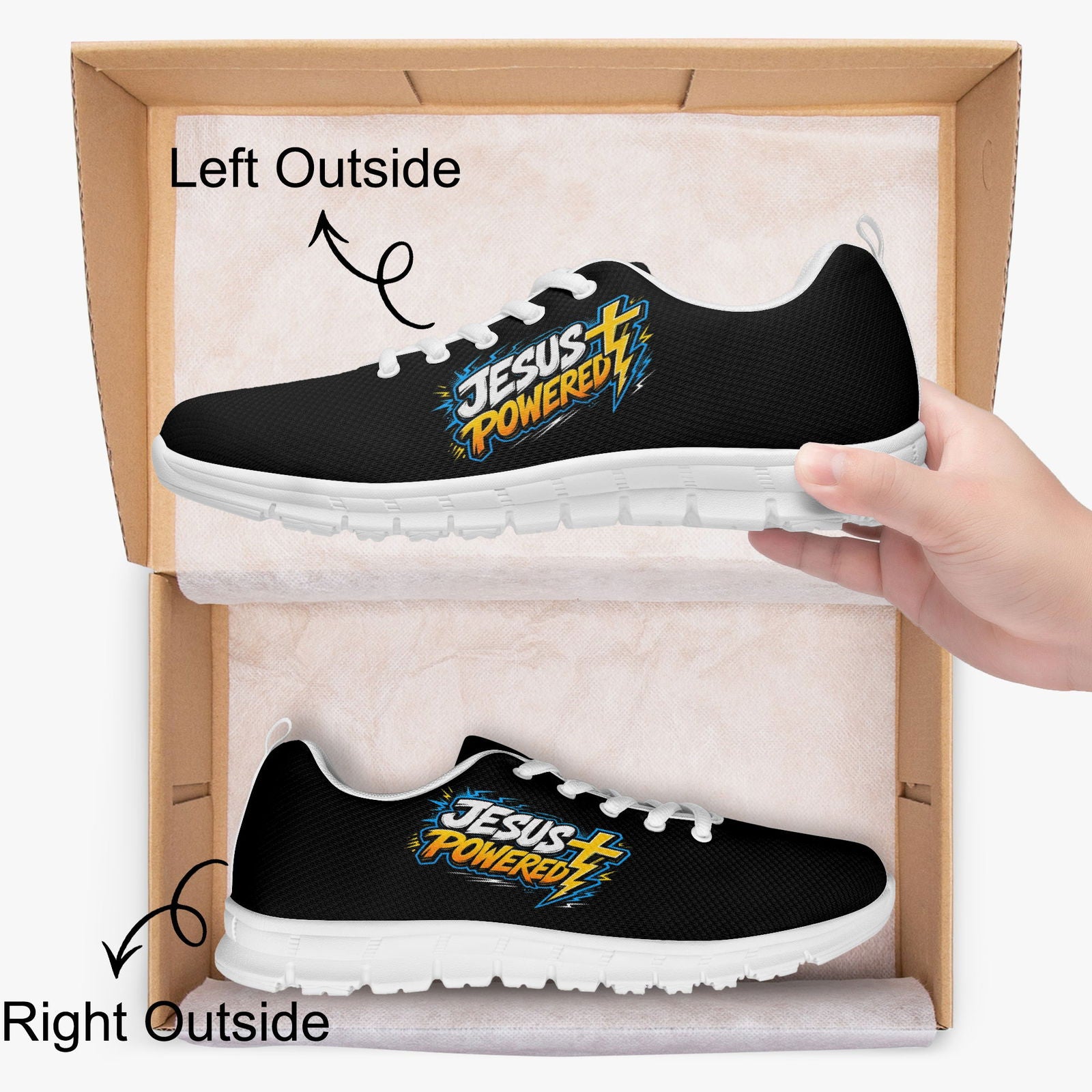 Jesus Powered Unisex Christian Classic Lightweight Mesh Sneakers - White/Black - ClaimedbyGodDesigns