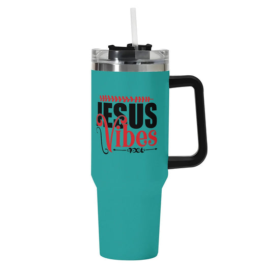 Jesus Vibes 40oz Stainless Steel Christian Tumbler Gift With Black Handle and Straw - ClaimedbyGodDesigns