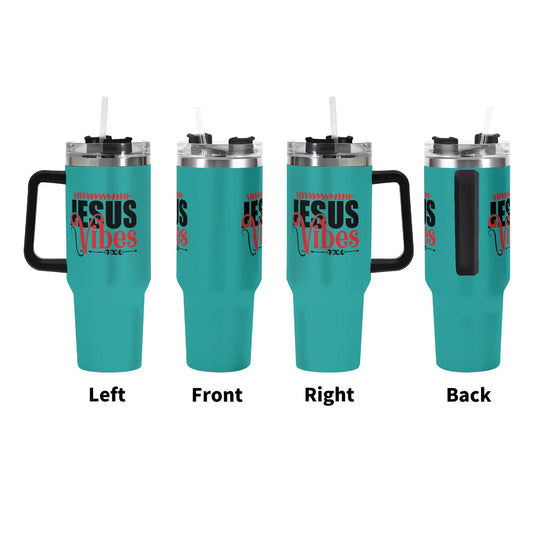Jesus Vibes 40oz Stainless Steel Christian Tumbler Gift With Black Handle and Straw - ClaimedbyGodDesigns