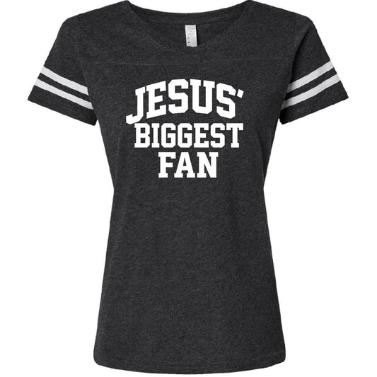 Jesus' Biggest Fan Women's Christian Football Jersey T-shirt - ClaimedbyGodDesigns