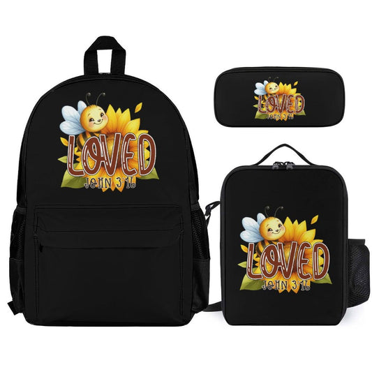 John 3:16 Loved Christian Backpack Set of 3 Bags (Shoulder Bag Lunch Bag & Pencil Pouch) - ClaimedbyGodDesigns